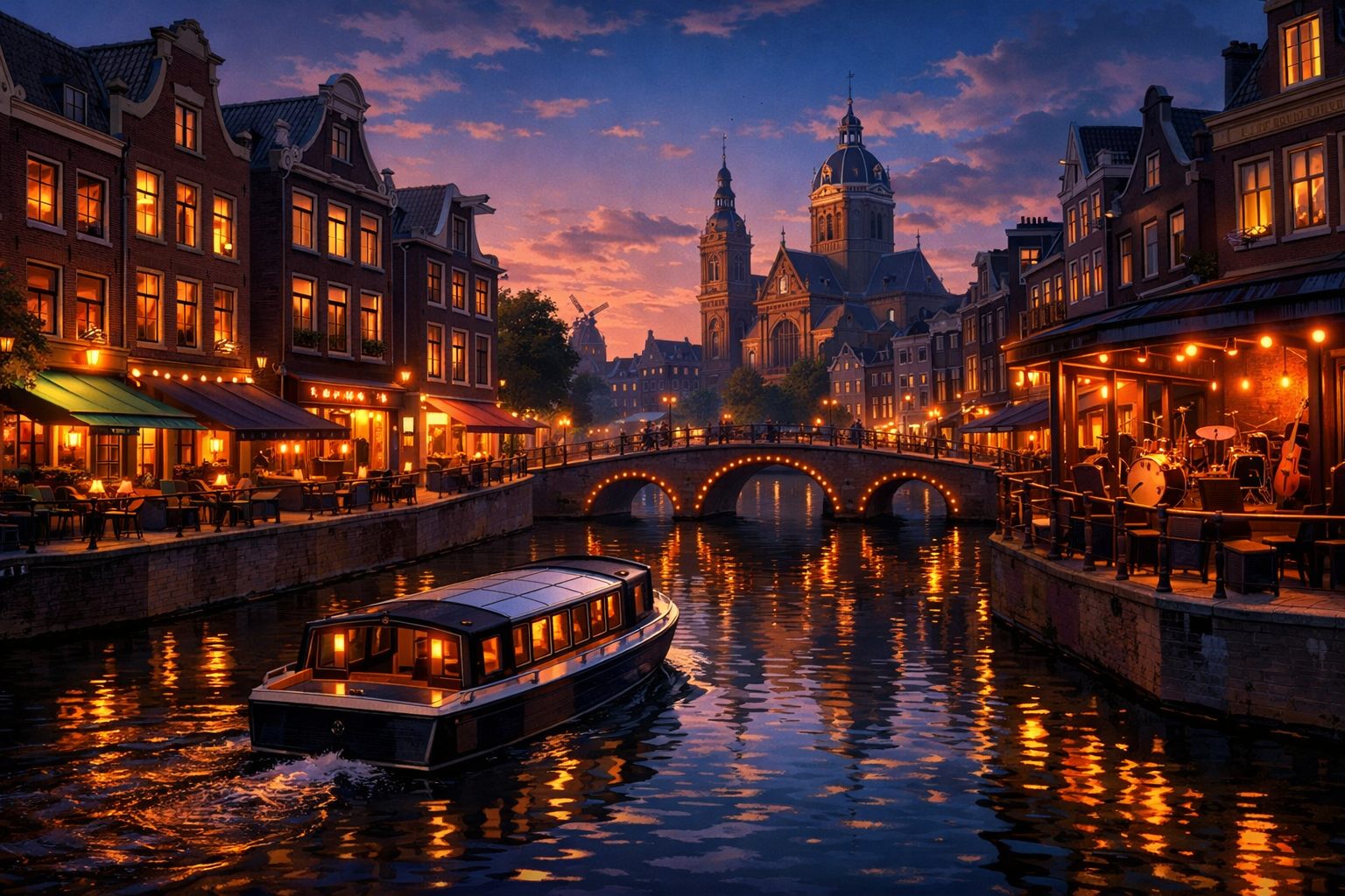 Amsterdam — pubs by the canals, clubs, bars with live music, a boat ride.