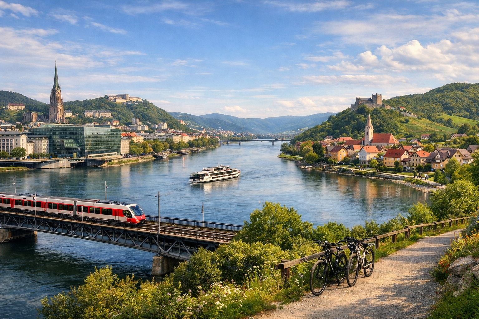 Austria, Linz and the Danube Valley. A budget itinerary through modern Linz and small Danube towns using regional trains and bicycles.