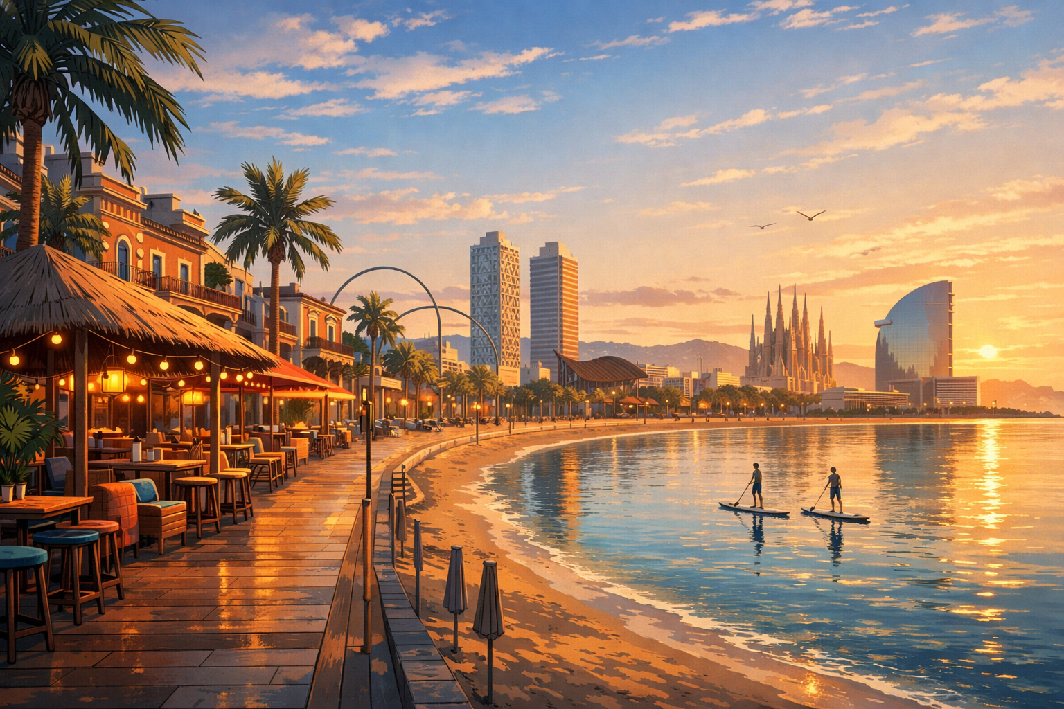 Barcelona — beach bars, Latin clubs, tapas bars, paddleboarding in the morning.