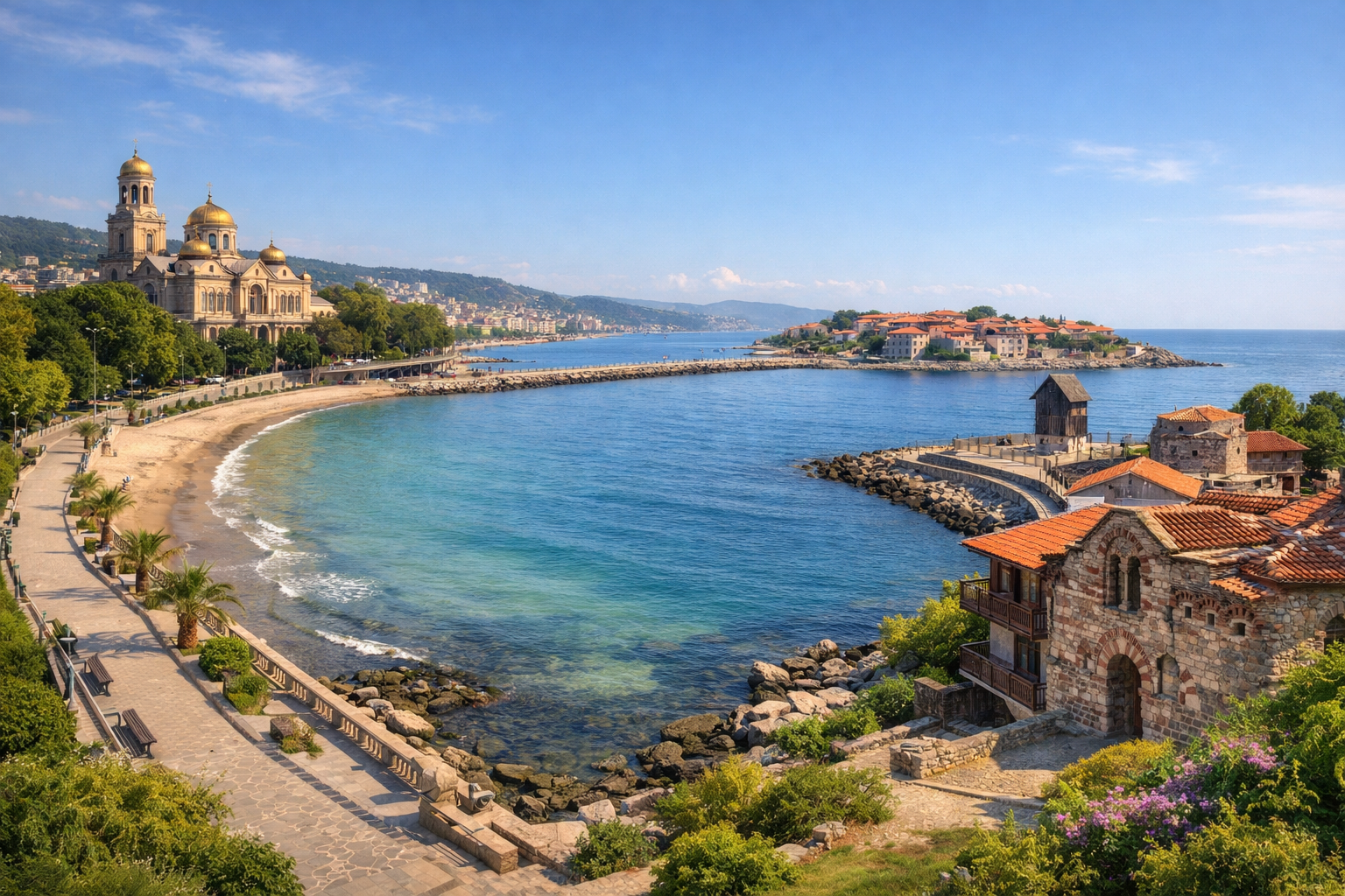 Bulgaria, Varna and Nessebar. Affordable vacation on the Black Sea with walks around Varna, ancient Nessebar, and city beaches; accommodation in a hostel or private room. Season: May - June, September.