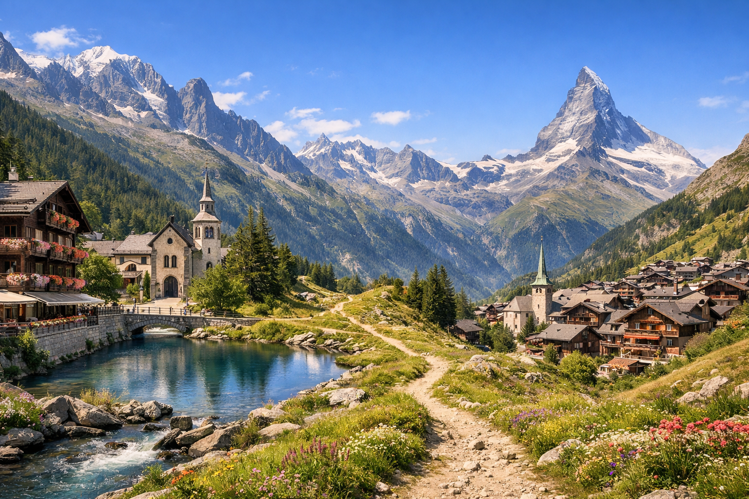 France and the Alpine Rings. Chamonix, Zermatt. Season (July-August) (without glaciers, on hiking trails).