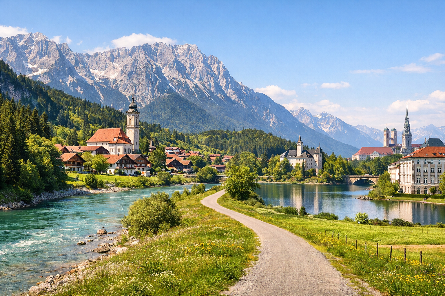 Germany, Bavaria. Cycling tour along the Isar Cycle Path: from Mittenwald to Munich. Difficulty: easy or moderate. Season: May - September.