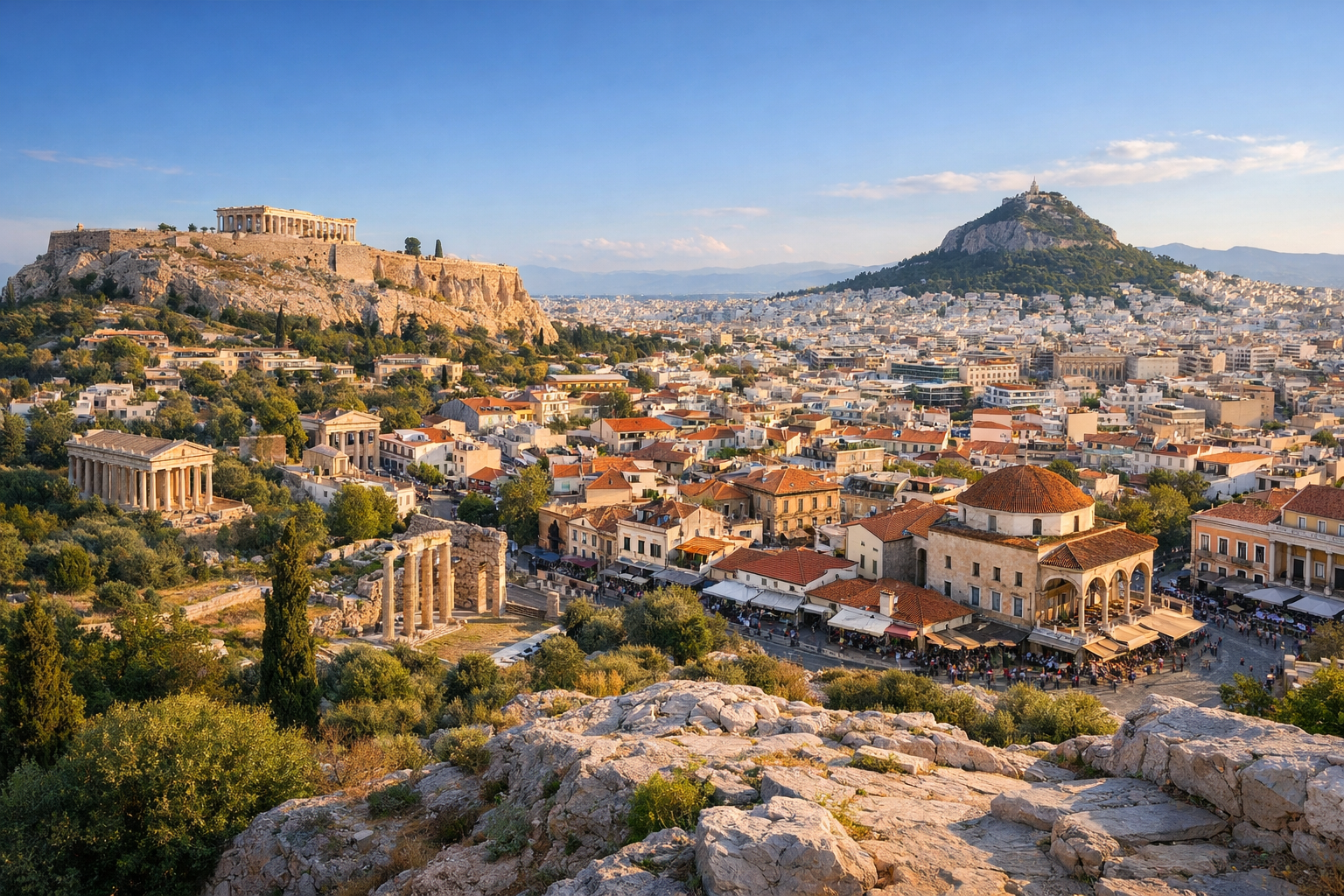 Greece, Athens. An inexpensive introduction to ancient monuments, the Plaka and Monastiraki districts, hills, markets, and free observation decks.