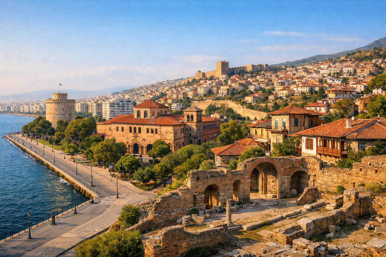 Greece, Thessaloniki. Affordable city tour along the waterfront, Byzantine churches, markets, the upper town, and archaeological sites.