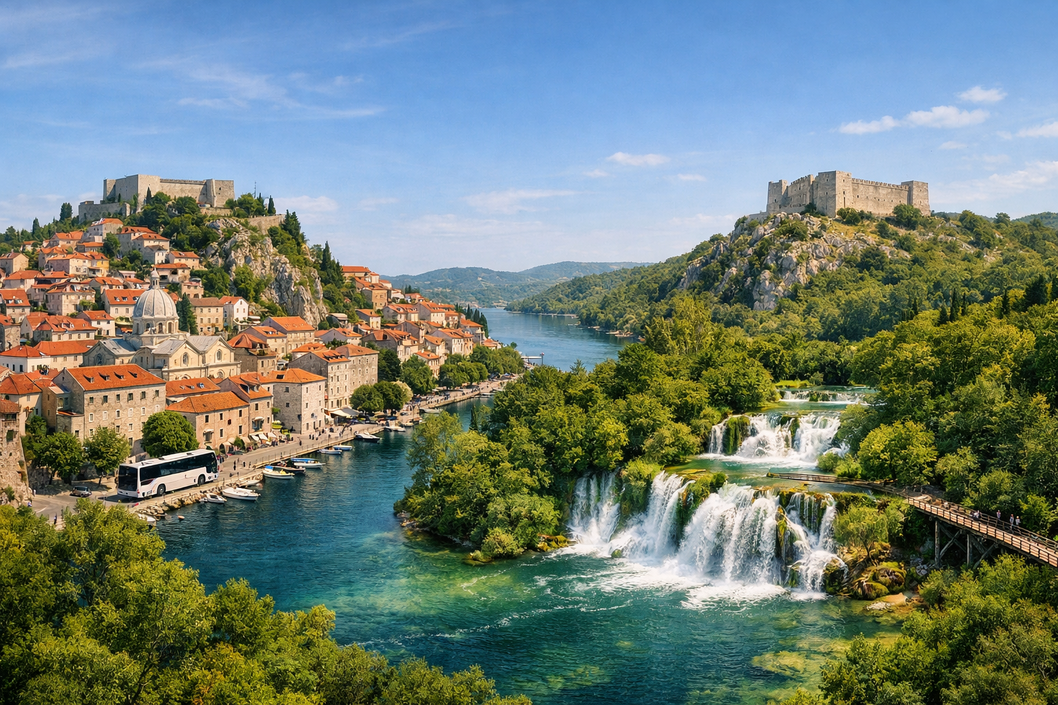 Croatia, Šibenik and Krka National Park. A budget trip through a medieval city, fortresses, and waterfalls using intercity buses.