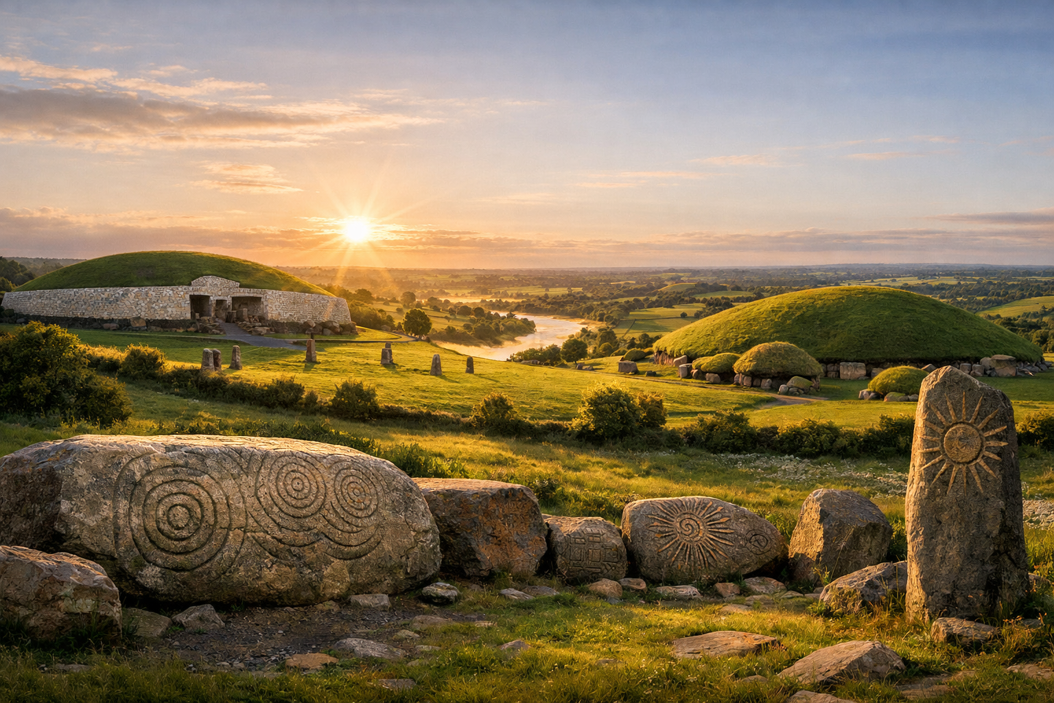 Irlanda, valle del Boyne. Newgrange y los símbolos solares del Neolítico. Newgrange, Knowth y el antiguo paisaje del valle del Boyne para viajeros interesados en los solsticios, la cultura megalítica y la simbología de la antigua Irlanda.