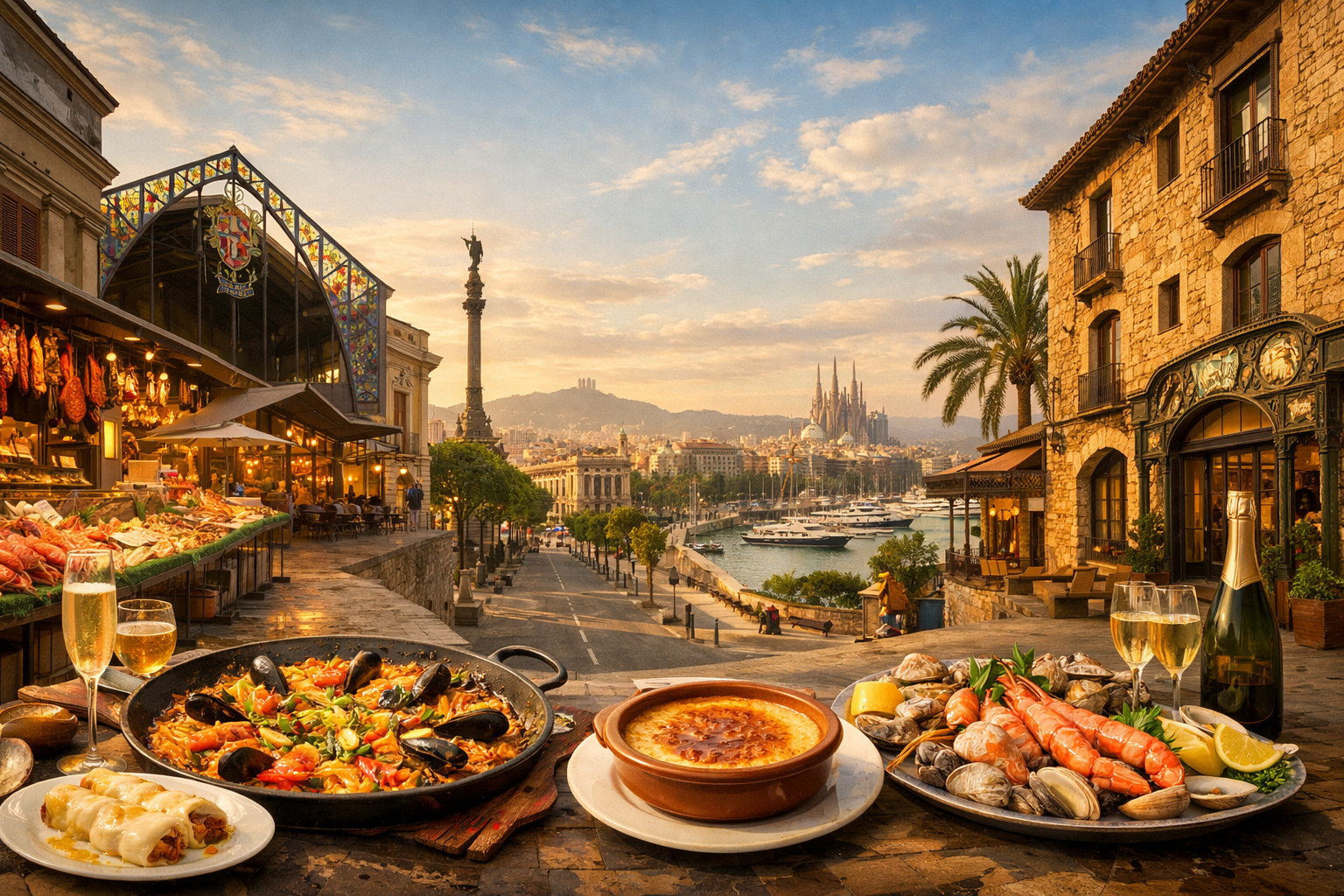 Испания, Барселона. Путешествие по каталонской кухне с рынком La Boqueria, ресторанами 7 Portes и Can Culleretes, а также кондитерской Escribà: паэлья, каннеллони, крема-каталана, морепродукты и кава.