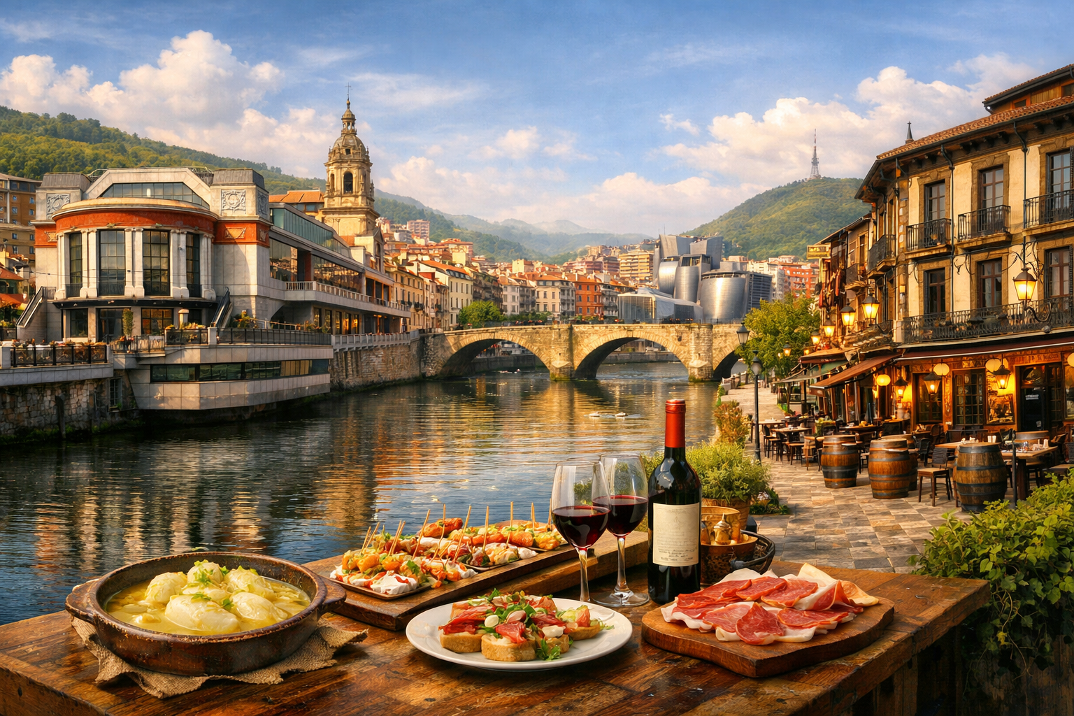 Испания, Бильбао. Путешествие по баскской кухне через Mercado de la Ribera, Café Iruña, Víctor Montes и La Viña del Ensanche: бакалао аль-пиль-пиль, пинчос, хамон и вина Риохи-Алавесы.