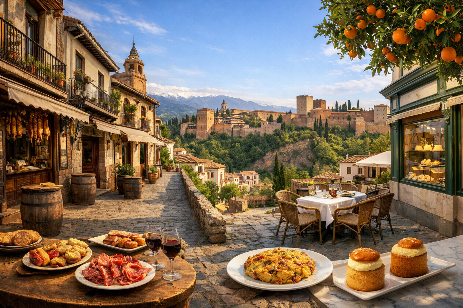 Испания, Гранада. Маршрут по традиционным барам Bodegas Castañeda, Los Manueles и Restaurante Chikito с посещением кондитерской Casa Ysla: бесплатные тапас, тортилья Сакромонте, хамон Тревелес и пирожное пиононо.
