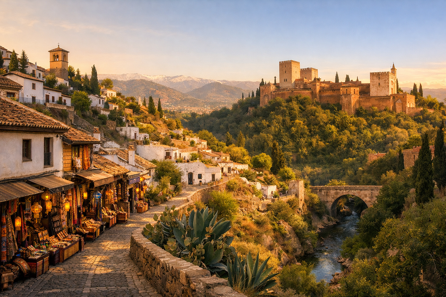 Spain, Granada. An inexpensive trip through the Albaicín quarter, the cave district of Sacromonte, the Arab markets, and the Alhambra palace complex.