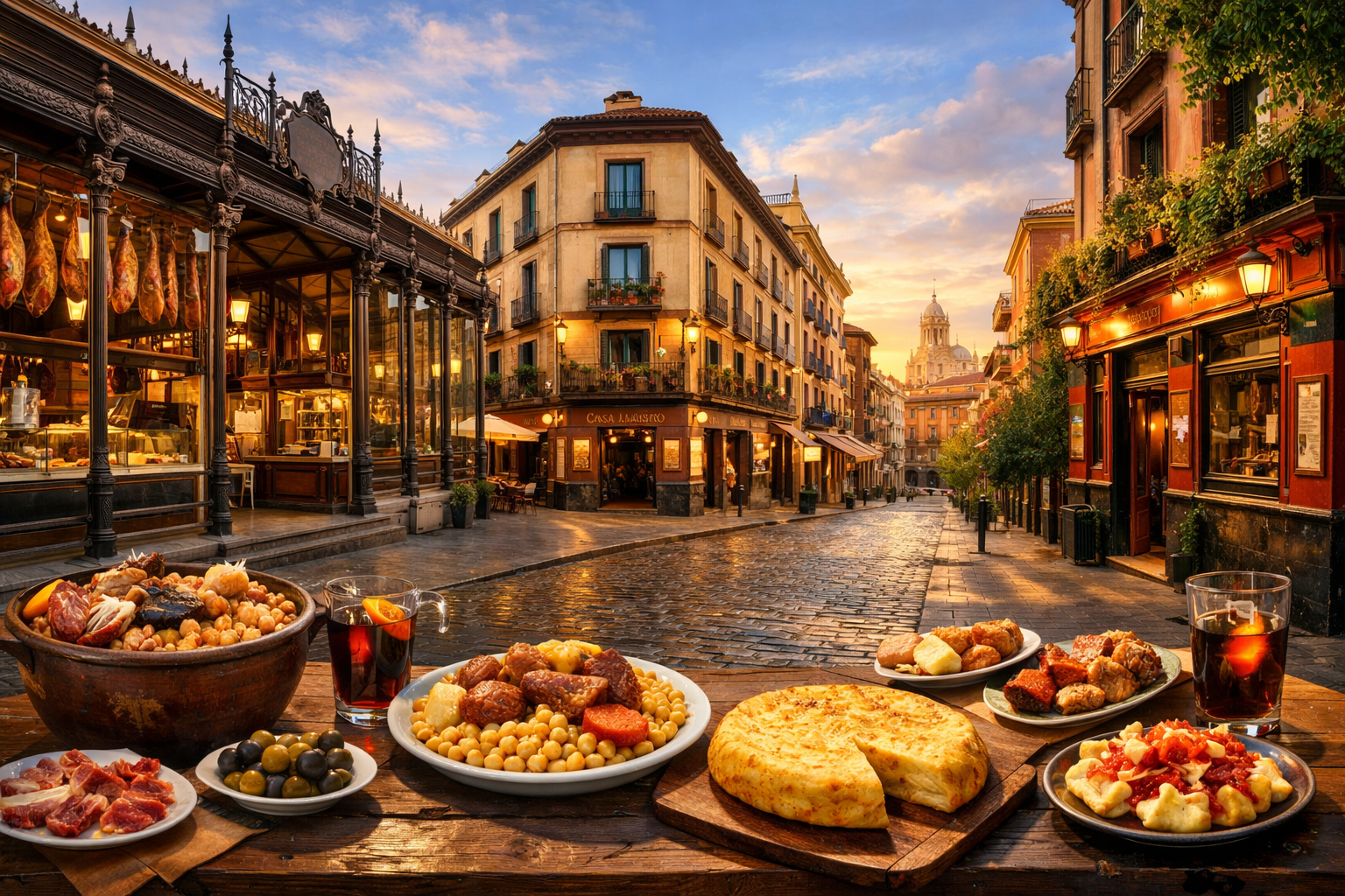 Испания, Мадрид. Гастрономическая прогулка через Mercado de San Miguel, Casa Ciriaco, Malacatín и Bodega de la Ardosa: мадридское косидо, тортилья, вермут, хамон и традиционные закуски.