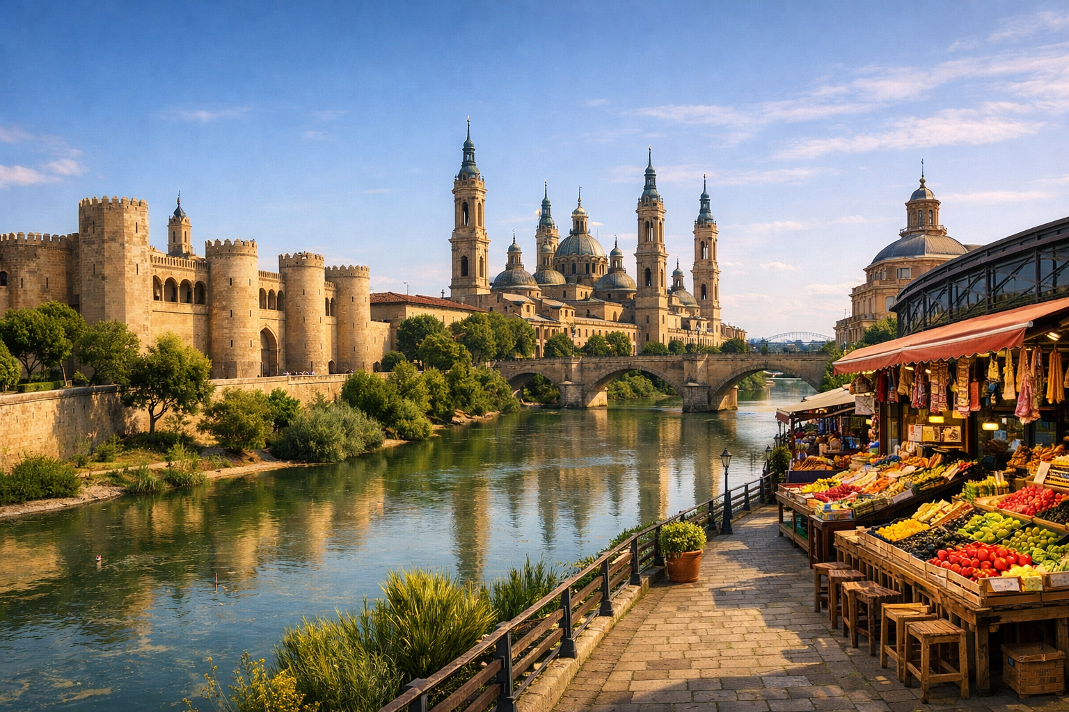 Spain, Zaragoza. Affordable city tour of the basilica, Aljafería Palace, the Ebro waterfront, and local gastronomic markets.