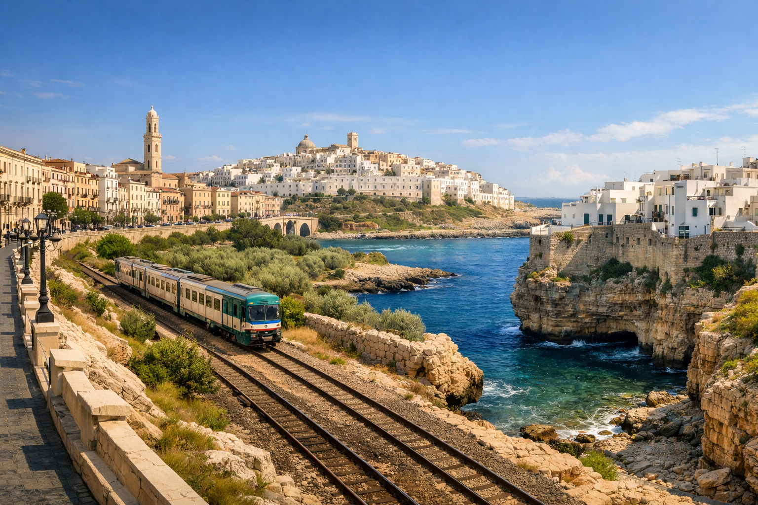 Italy, Bari and Polignano a Mare. An affordable route through Apulia with white towns, historic districts, beaches, and trips on regional trains.