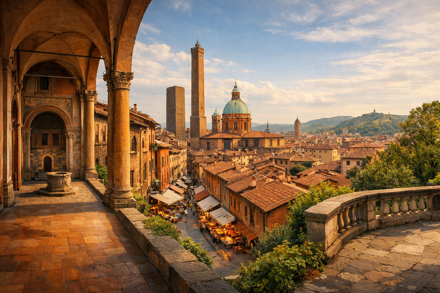 Italy, Bologna. A budget-friendly food tour through covered arcades, the historic university district, markets, and free viewpoints.