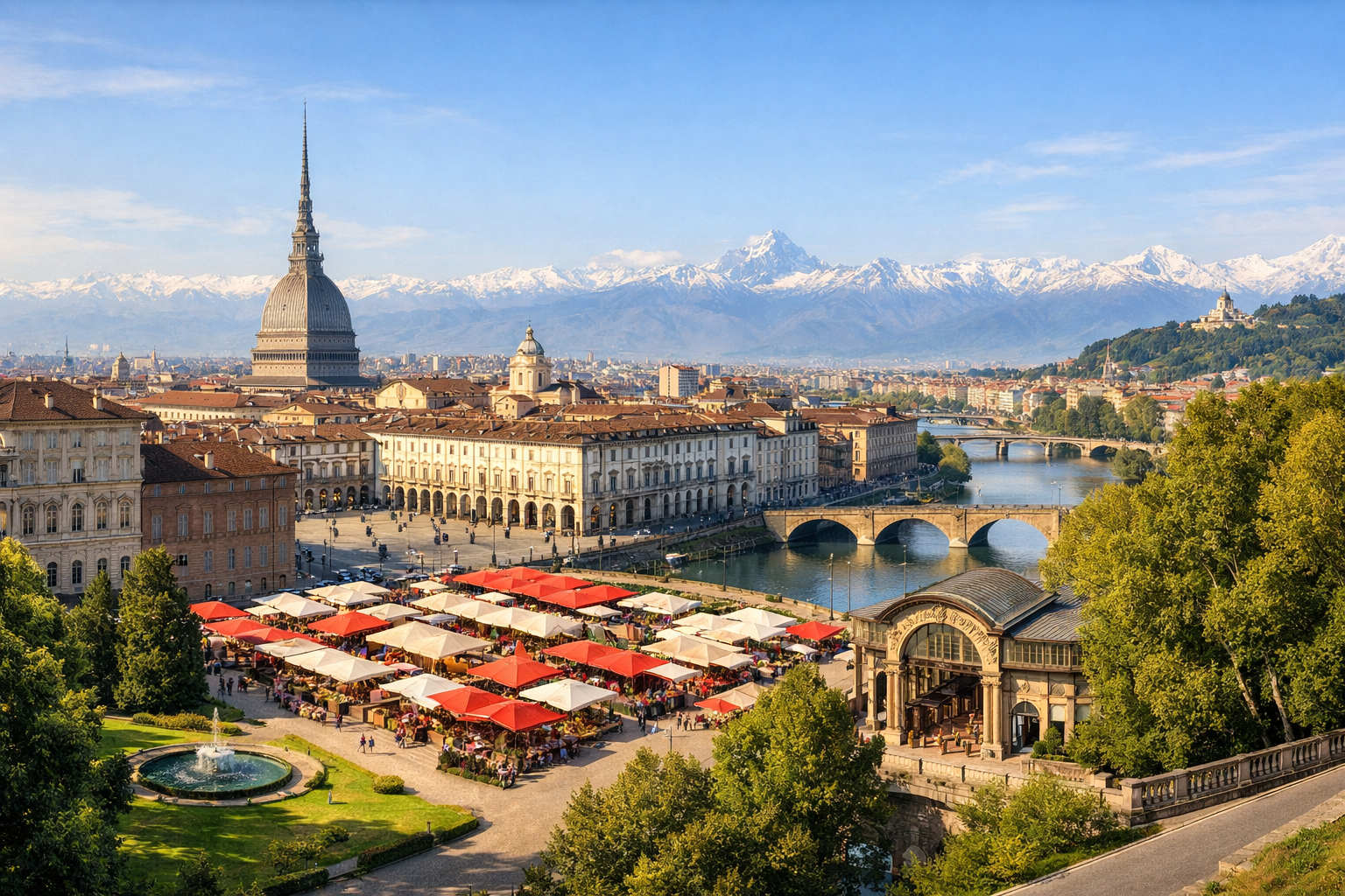 Italy, Turin. A budget-friendly city break with palaces, covered arcades, the Porta Palazzo market, parks, and views of the Alps.