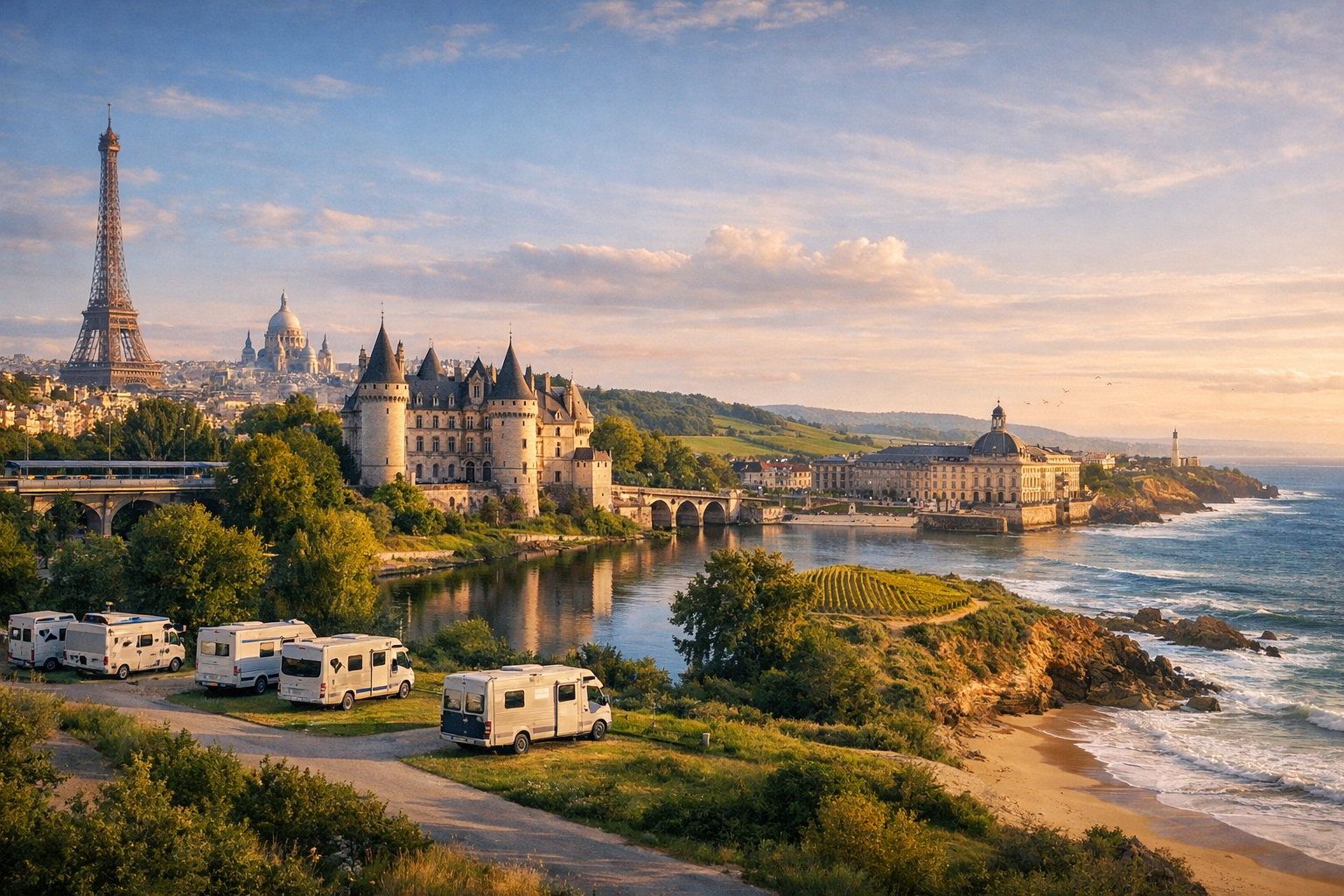 Classic France - Paris - Loire - Bordeaux - Biarritz - Campsites near the Loire castles, paid motorhome aire, P+R near Paris