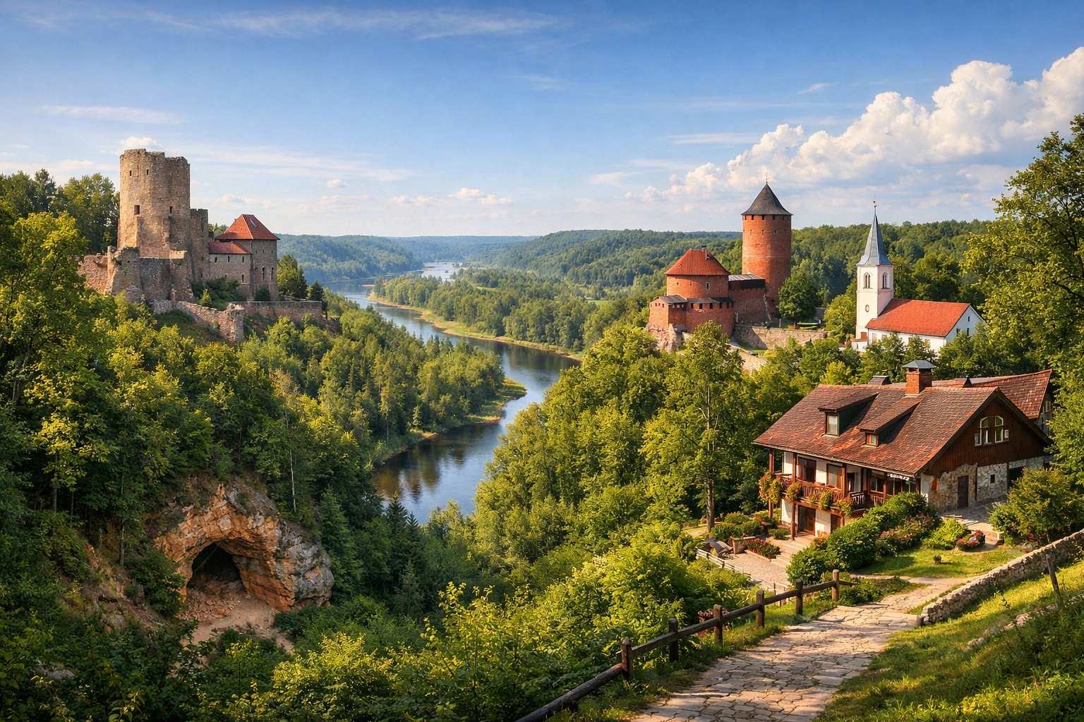 Latvia, Sigulda and Gauja National Park. A budget trip through castles, forest trails, caves, and the Gauja River valley with accommodation in a guesthouse. Season: May - October.