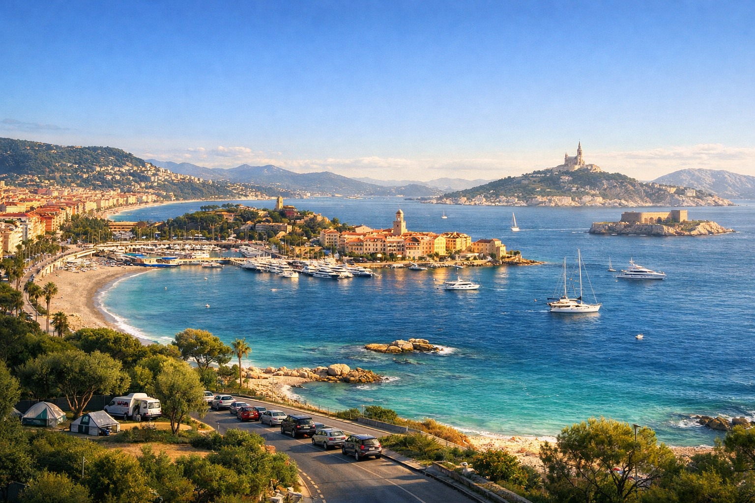 French Riviera - Nice — Cannes — Saint-Tropez — Marseille - Campgrounds outside the cities, parking near the beaches is better to book in the morning