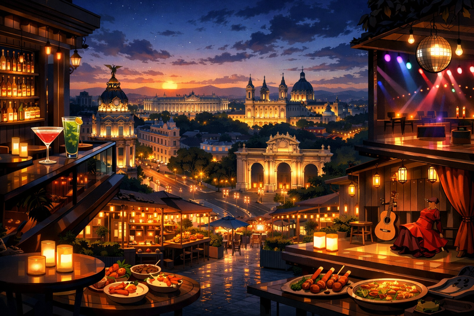 Madrid, (entertainment) — cocktail bars, discos, flamenco show, gastro walk