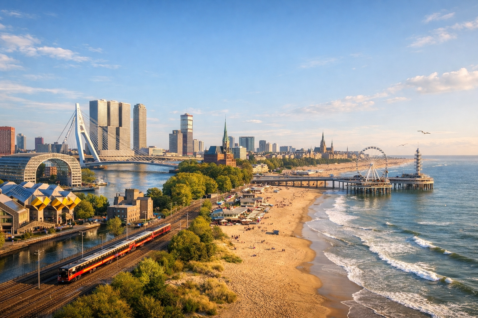 Netherlands, Rotterdam and The Hague. A budget itinerary focused on modern architecture, markets, the seaside, and museums, with hostel accommodation and travel by train.