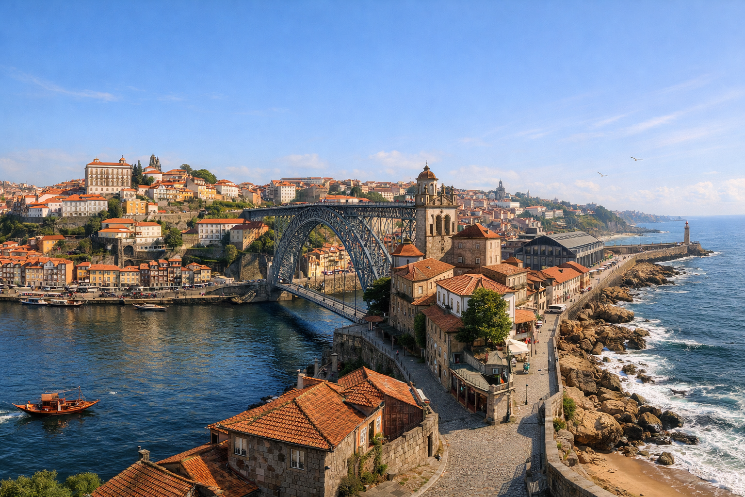 Portugal, Porto. A budget-friendly city break with walks along the Douro embankments, historic quarters, bridges, markets, and the ocean coast.