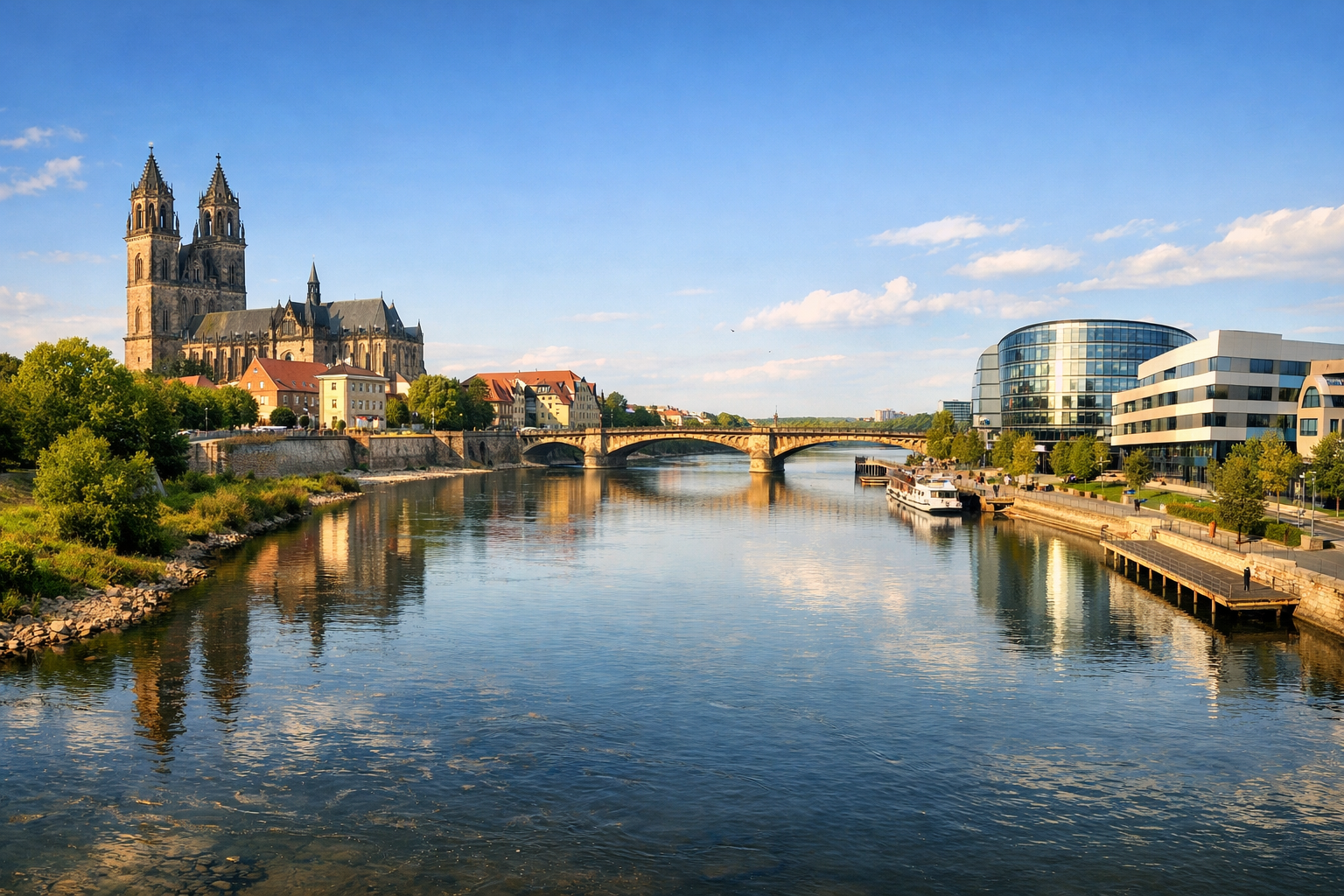 SAXONY-ANHALT - Magdeburg: cathedral, Elbe and modern architecture