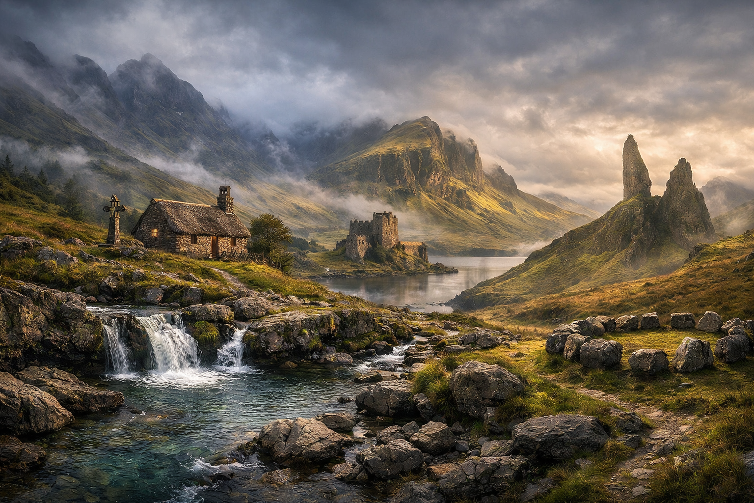 Écosse, île de Skye. Légendes celtiques et montagnes brumeuses. Fairy Pools, Quiraing, Old Man of Storr et paysages isolés de l’île pour les amateurs de mythologie celtique, de méditation et de photographie mystique.