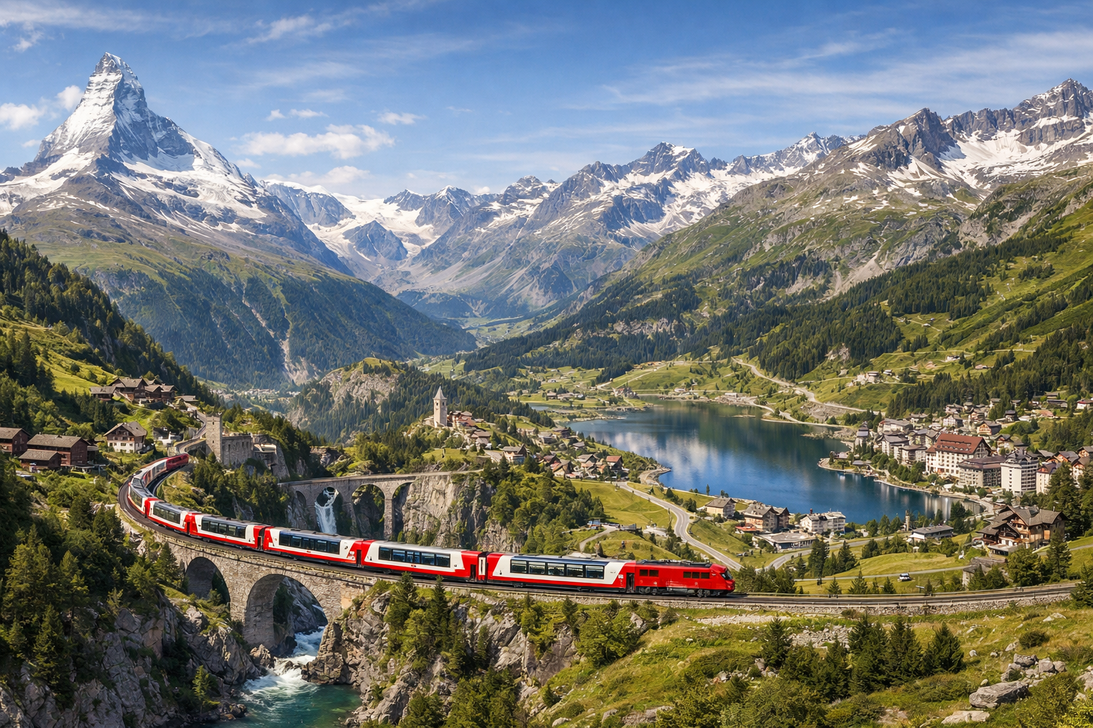 Швейцария. Панорамное путешествие на Glacier Express из Церматта через Бриг, Андерматт и перевал Оберальп в Санкт-Мориц с видами на Альпы, ущелья и горные деревни.
