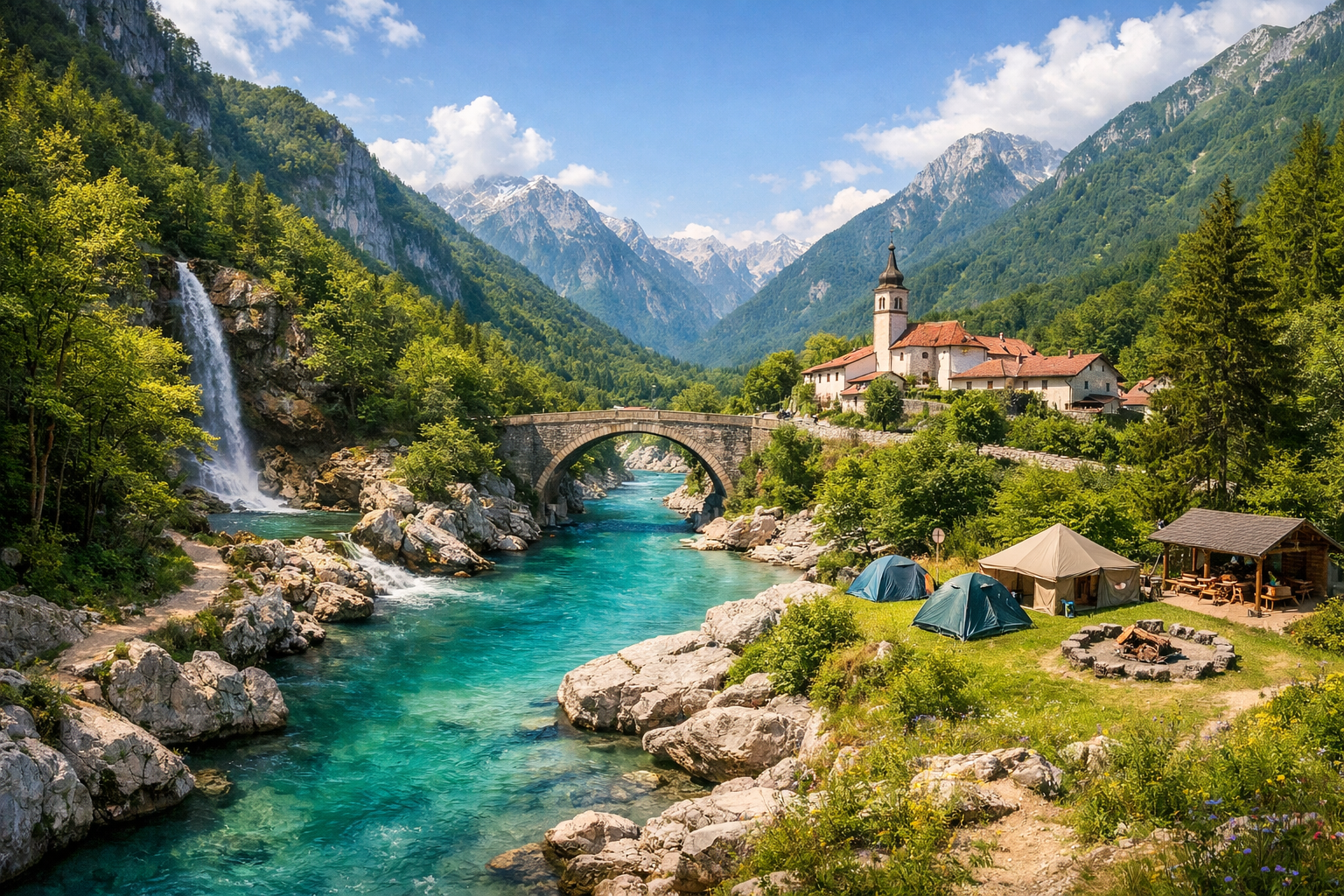 Slovenia, the Soča Valley. Budget active vacation with hiking routes along the turquoise river, waterfalls, gorges, and overnight stays at a campsite. Season: June - September.