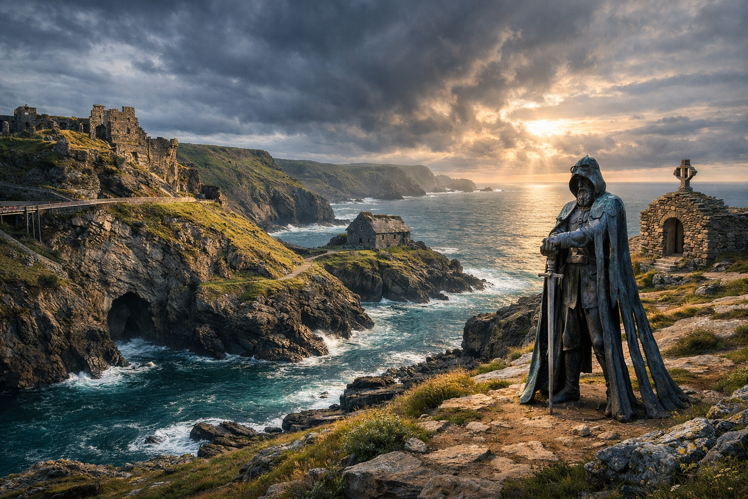 Großbritannien, Cornwall. Tintagel und die Legenden von König Artus. Tintagel Castle, dramatische Klippen und arturische Legenden auf einer Reise für Liebhaber von Mythen, mittelalterlicher Symbolik und ungewöhnlichen Landschaften.